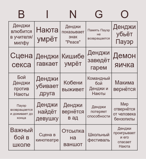 Человек бензопила: часть 2 Bingo Card