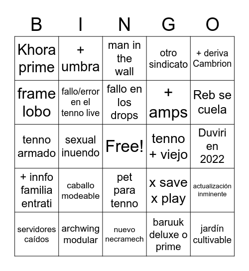 TennoBIngocon 2022 Bingo Card