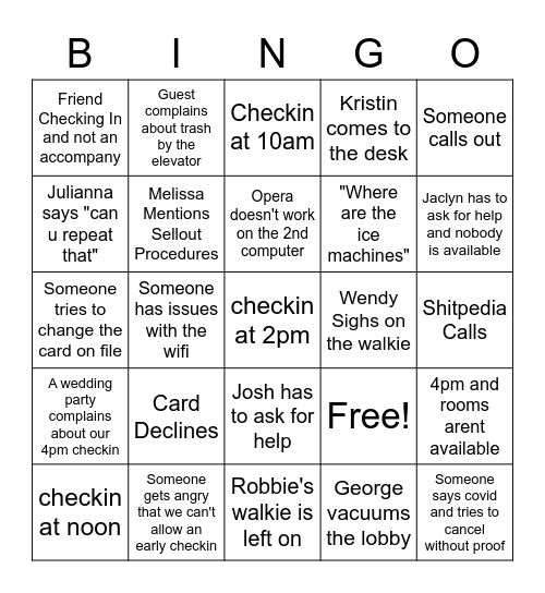 Hyatt Bingo Card