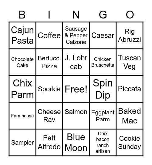 Bertucci's Bingo Card