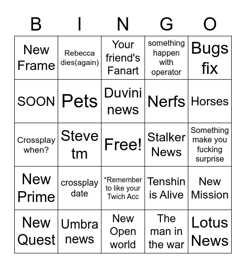 Warframe Bingo Card