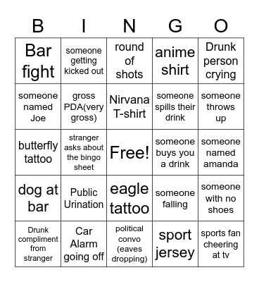 Bar Bingo!!!!!!! Bingo Card