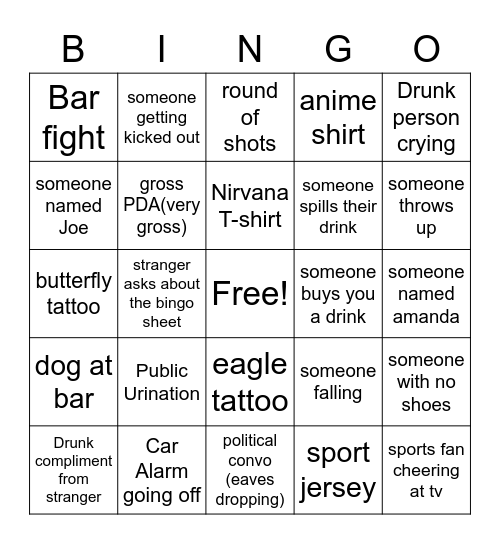 Bar Bingo!!!!!!! Bingo Card