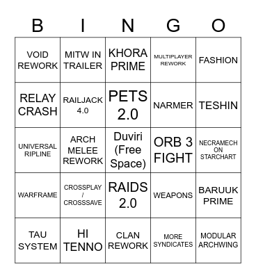 Warframe TennoCon 2022 Bingo Card