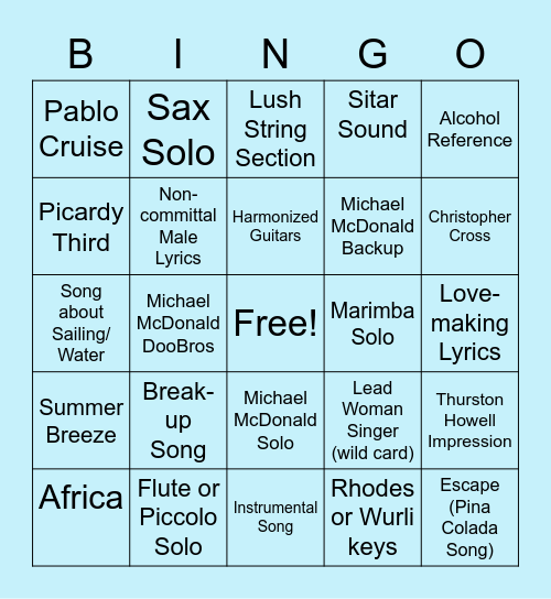 Yacht Rock Summer Bingo 2 Bingo Card