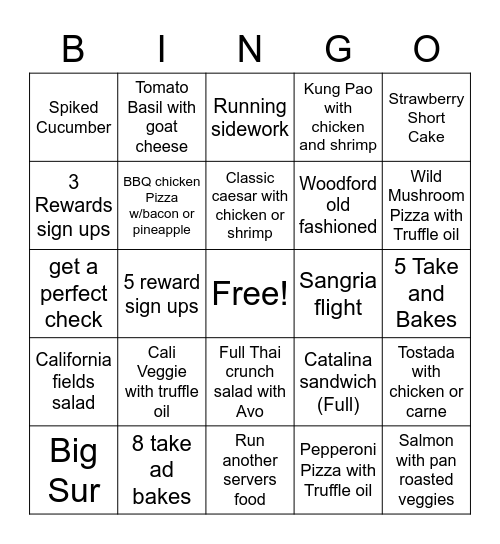 California Pizza Kitchen Bingo Card