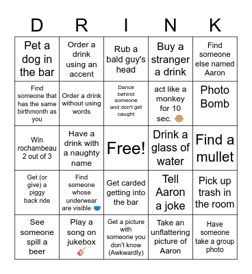 Aaron's Bar Bingo Birthday Bash Bingo Card