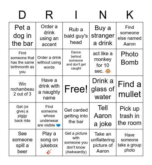 Aaron's Bar Bingo Birthday Bash Bingo Card