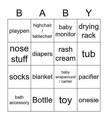 Baby Shower Gift Bingo Card