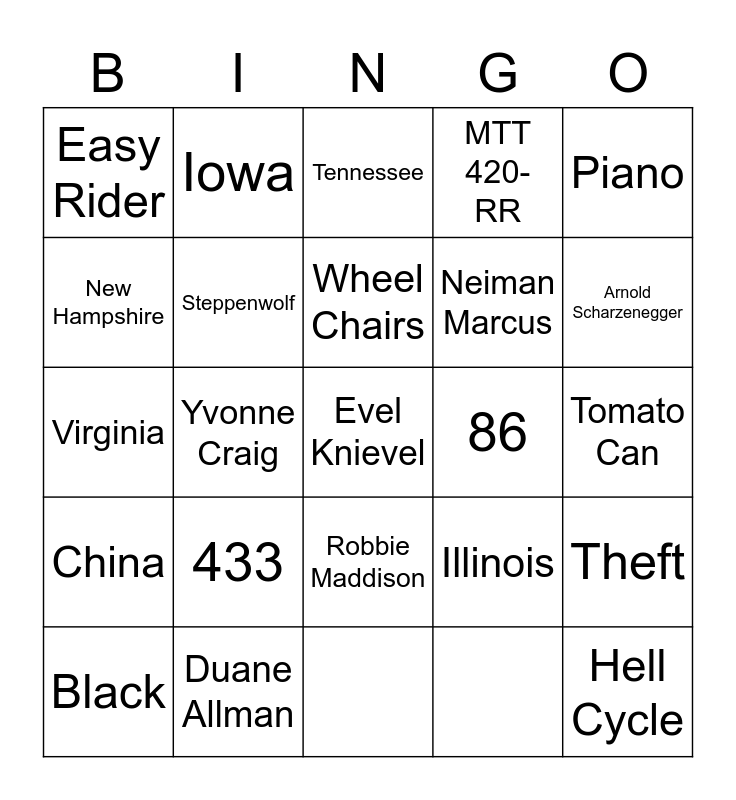 Motorcycle trivia Bingo Card