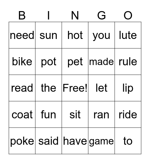 1 & 2 Vowel Words Bingo Card