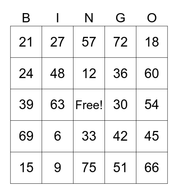 Multiplication Bingo Card