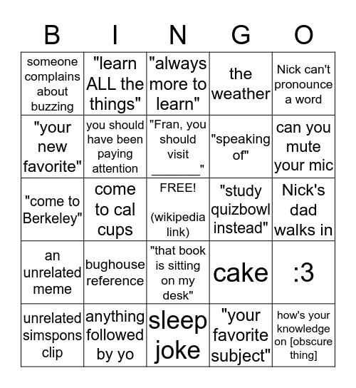 Nick Bingo Card