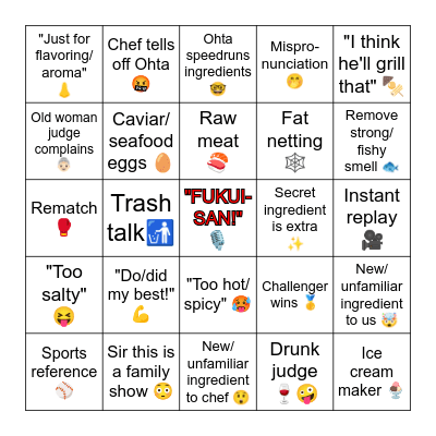 Iron Chef Bingo Card