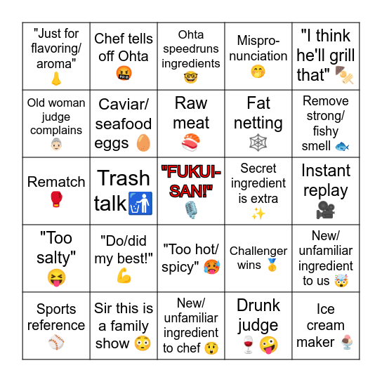 Iron Chef Bingo Card