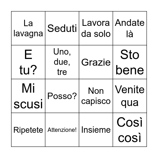 Italian Term 1 & 2 Revision TOMBOLA Bingo Card
