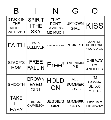 SONGS TO SING IN THE CAR Bingo Card