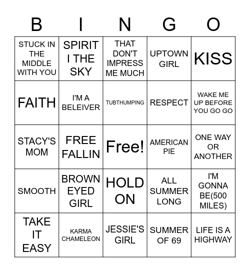 SONGS TO SING IN THE CAR Bingo Card