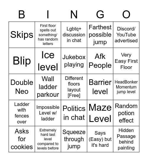 Hypixel Housing Parkour Bingo Card