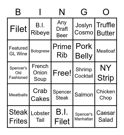 Spencer's for Steaks and Chops Bingo Card