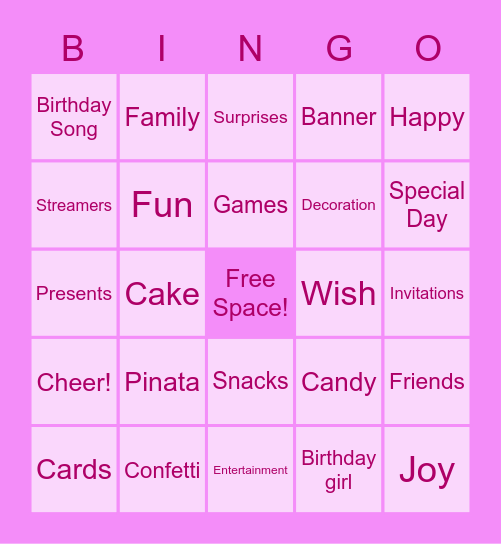 10th Birthday Bingo Card