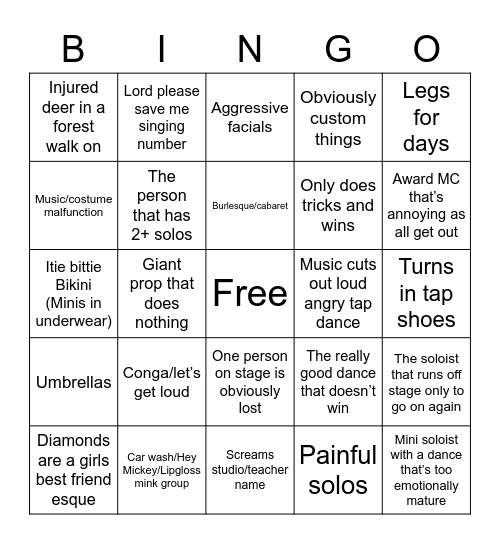 Sitting at a dance comp Bingo Card