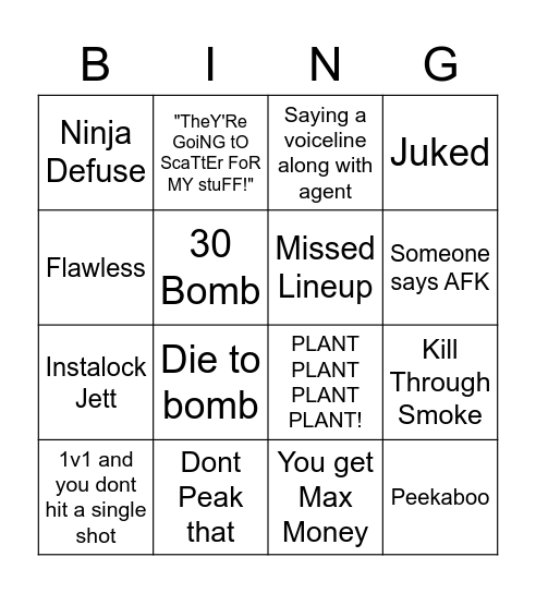 Valorant Drinking Bingo Card