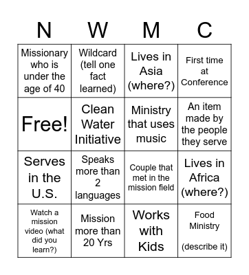 Mission Fair Bingo Card