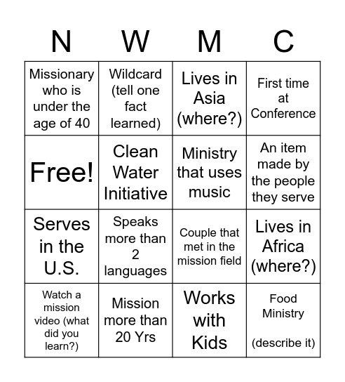 Mission Fair Bingo Card