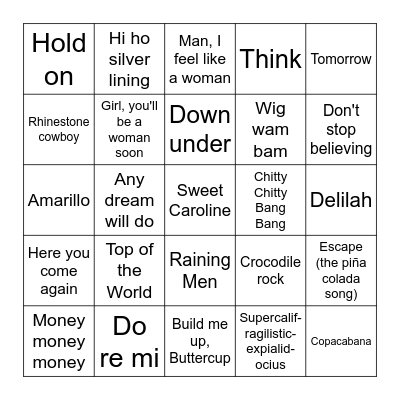 Minnelli's Jukebox Bingo! Bingo Card