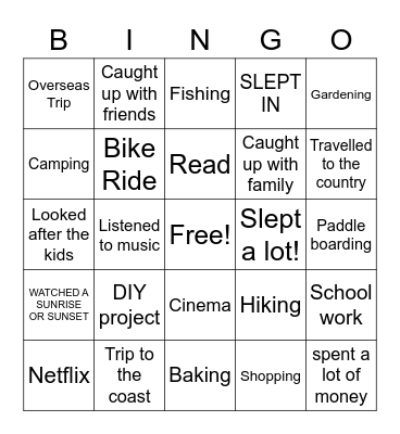 Holiday Activities Bingo Card