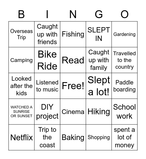 Holiday Activities Bingo Card