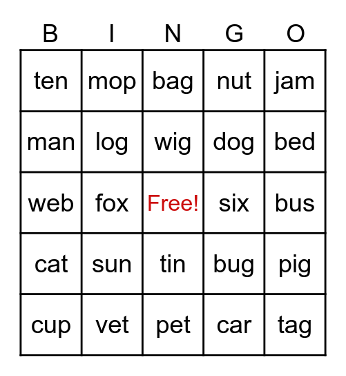 CVC WORDS BINGO Card