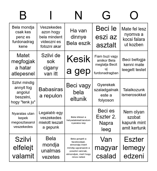 Nyaralas Bingo Card