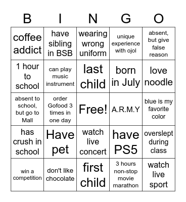 First Day School Bingo Card