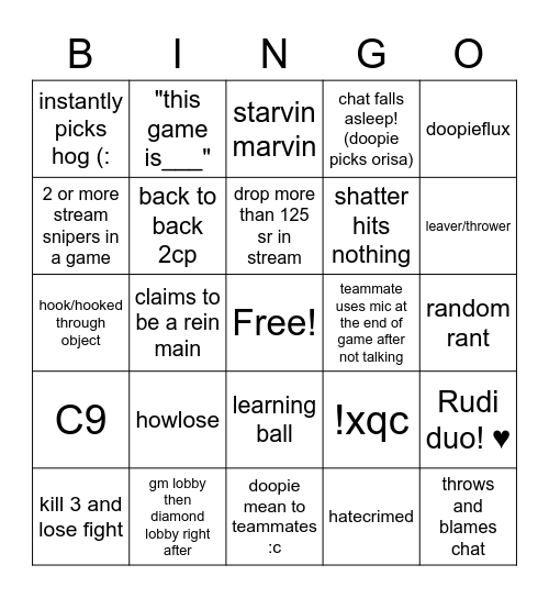 Doopie Bingo Card