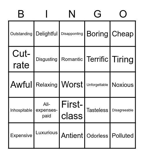 Adjectives for vacations Bingo Card