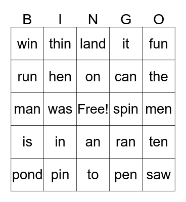 Spelling Words Bingo Card