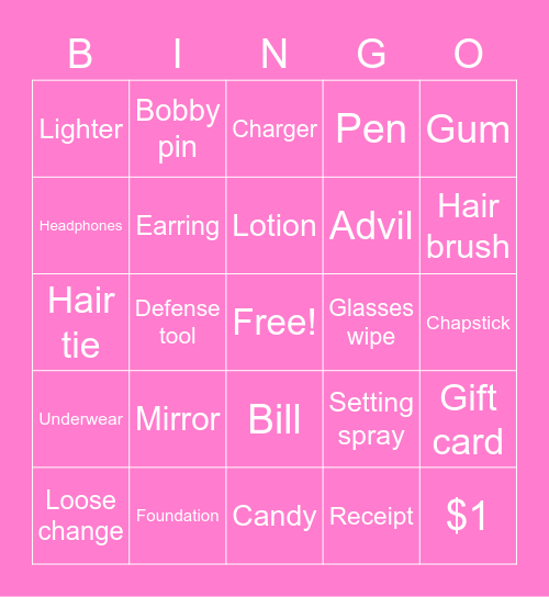 In My Bag Bingo Card