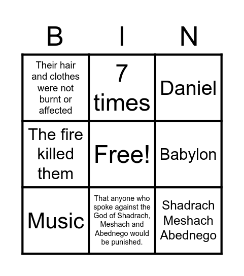 The Fiery Furnace Bingo Card