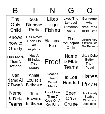 Brown Family Reunion Bingo Card