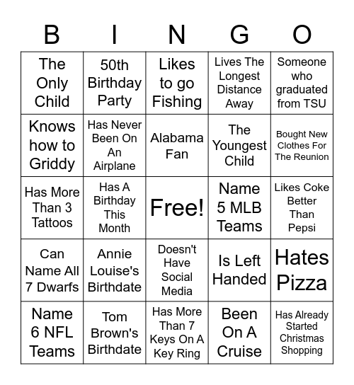 Brown Family Reunion Bingo Card