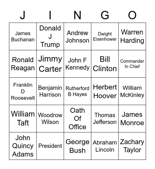 PRESIDENTS JINGO Bingo Card