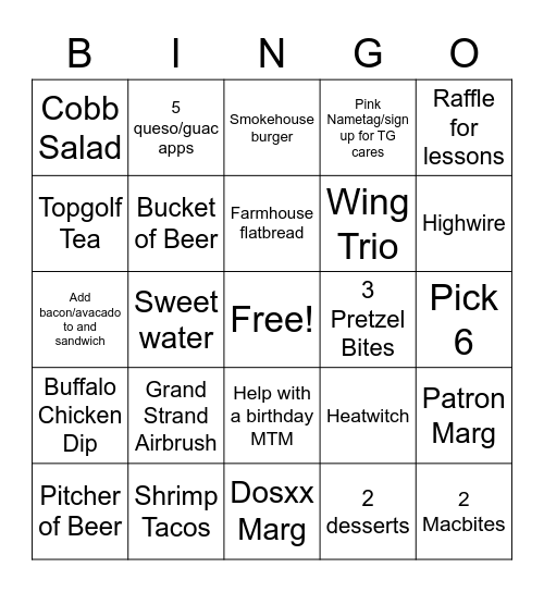 Topgolf Bingo Card