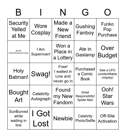 SDCC 2022 Bingo Card