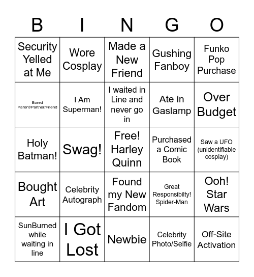 SDCC 2022 Bingo Card