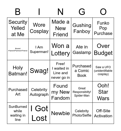 SDCC 2022 Bingo Card