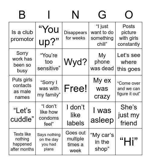 Fuckboy Bingo Card