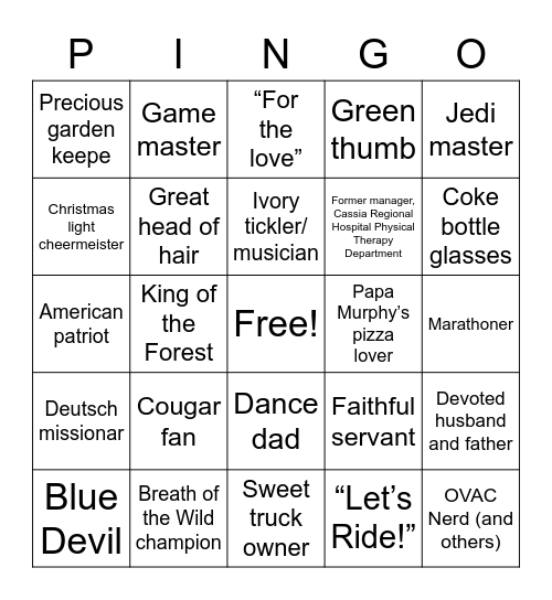 Papa Bingo = PINGO Bingo Card