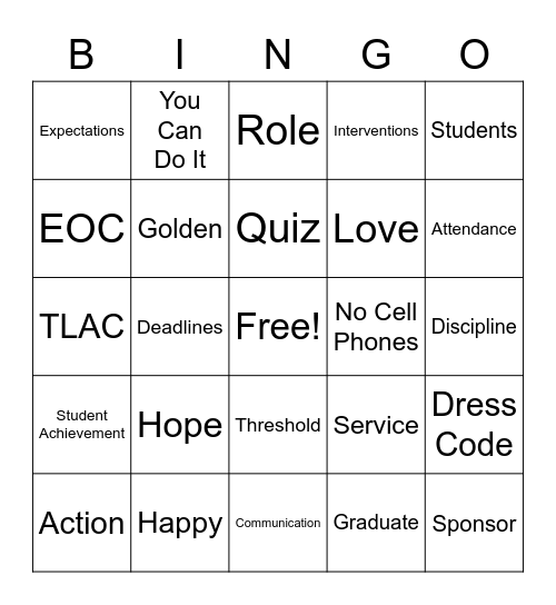 Back To School Bingo Card